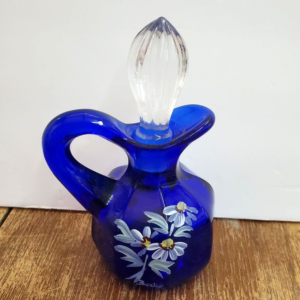 Vintage Cobalt Blue Art Glass Cruet Perfume Bottle Faceted Stopper Signed Becky